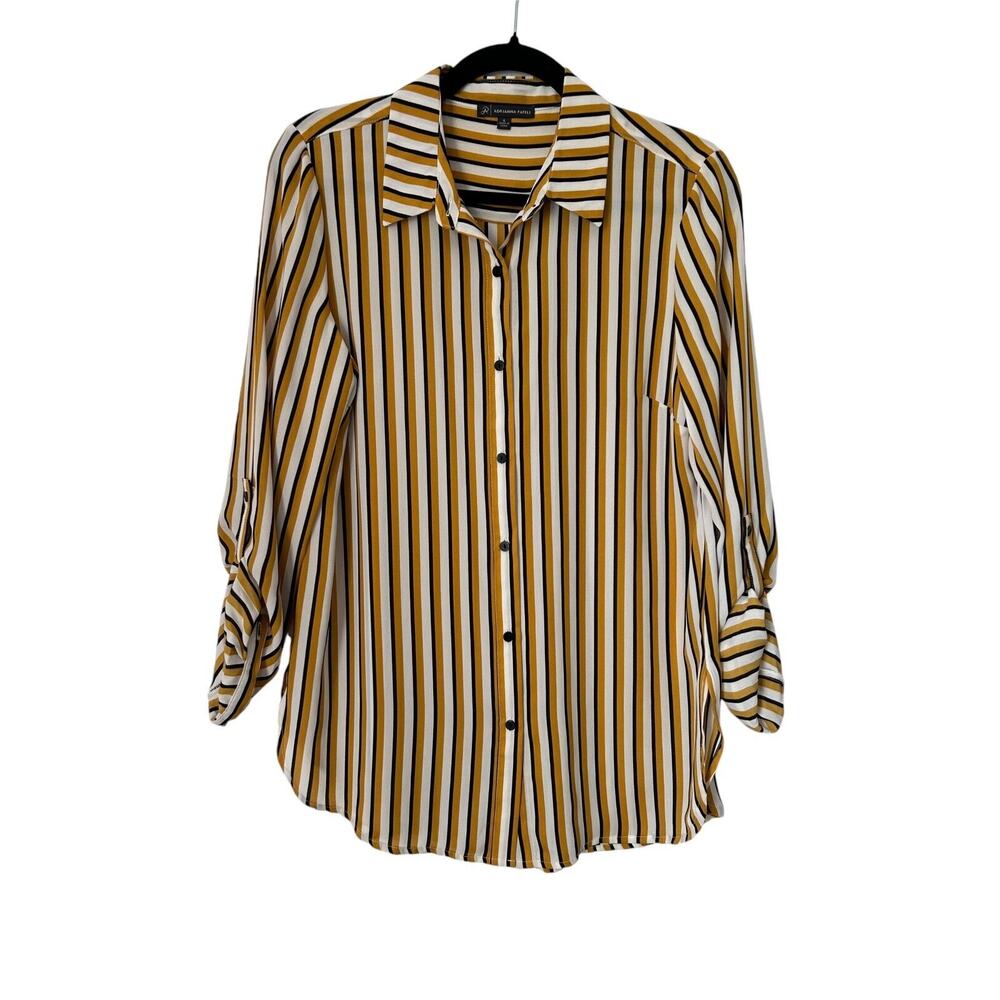 Adrianna Papell Top Size Small Yellow White Black Striped Long Sleeve Button Up